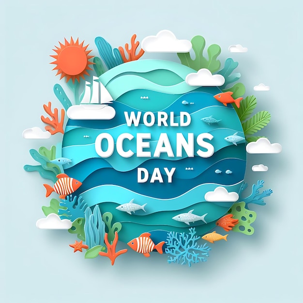 a poster for world oceans day with a blue background