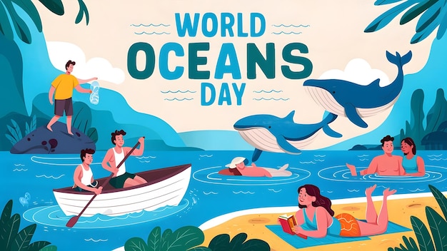 a poster for world oceans day with people in a boat and dolphin