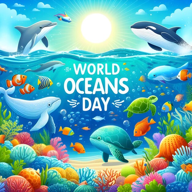 Photo a poster for world oceans day with sea animals and the sun