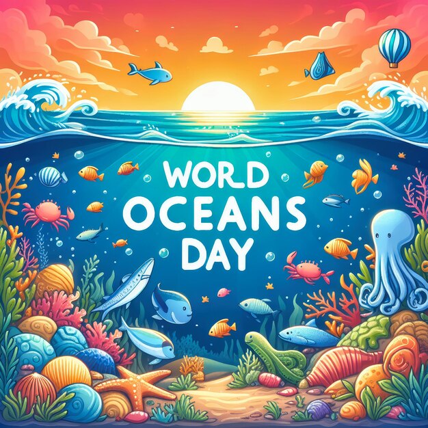 a poster for world oceans day with sea creatures and the sun