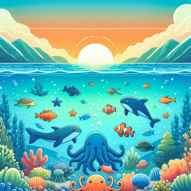 Foto un poster per la giornata mondiale degli oceani con creature marine e il sole