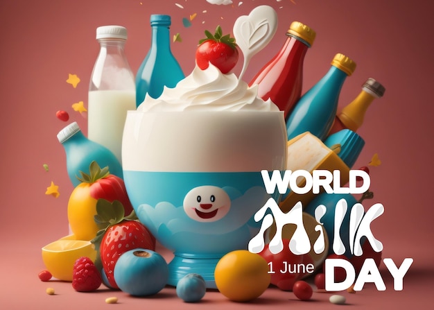 ヨーグルトのボウルとイチゴの絵が描かれた世界の牛乳の日のポスター