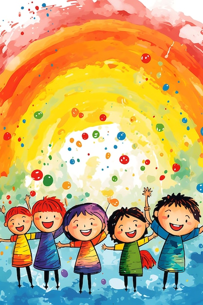 Poster of world smile day with children laughing and playing rainbow c 2d design international day