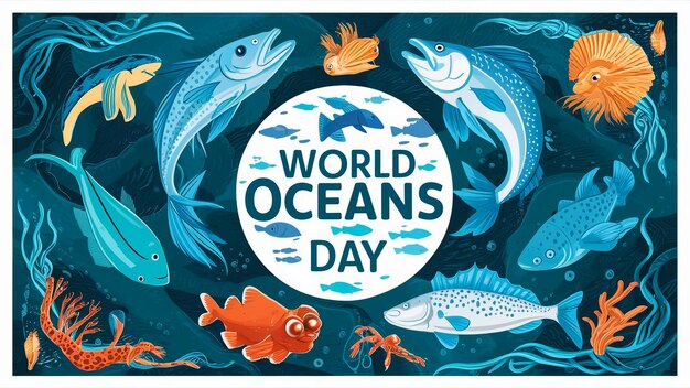 a poster of the worlds oceans day is written in blue