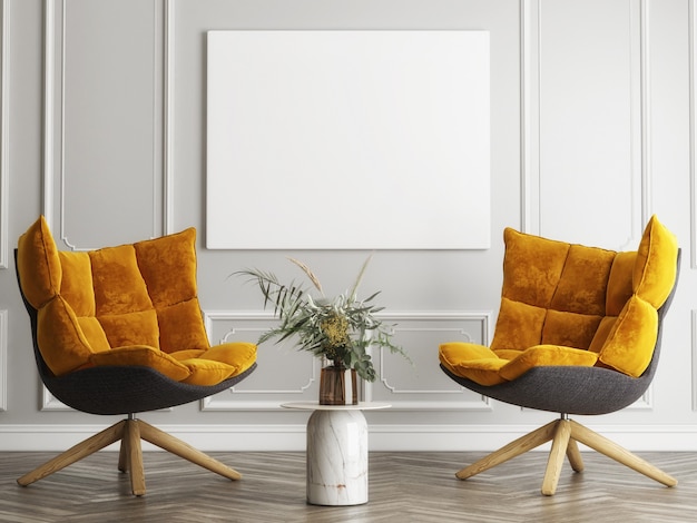  poster a yellow comfortable armchair in minimalism interior design