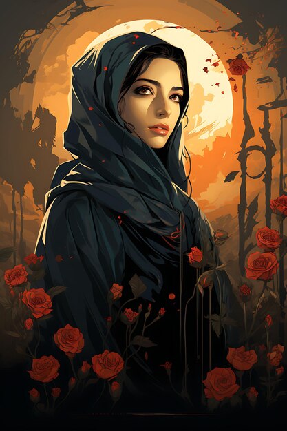 Poster of a Young Girl Wearing a Hijab and Holding a Flower With a Bac Vector 2D Dsign Palestine