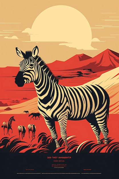 a poster for a zebra called zebra with a mountain in the background