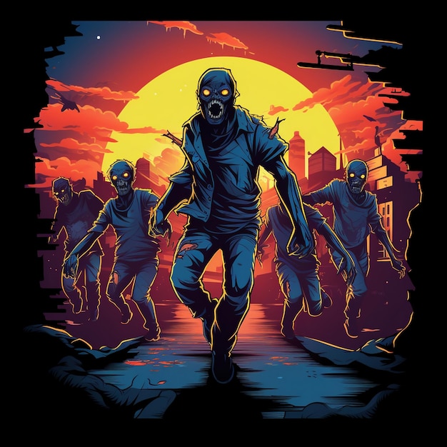 плакат зомби-апокалипсиса с желтым солнцем на заднем плане.