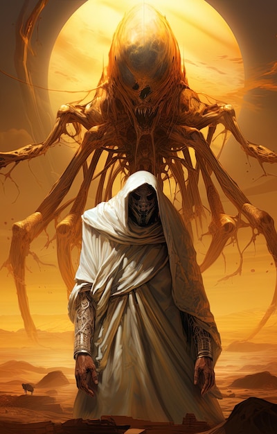 Photo a poster for a zombie with a man in a white robe and a giant creature in the background