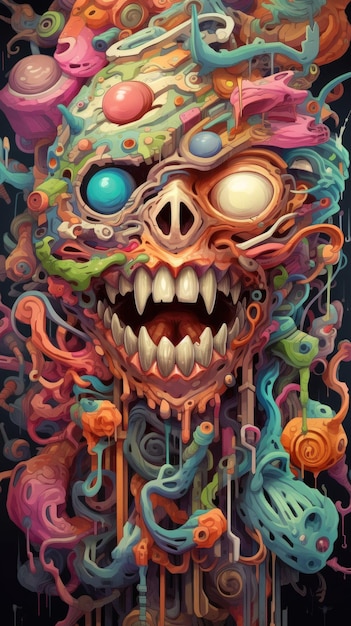 A poster of a zombie with many colors and the words " zombie " on the bottom.