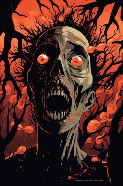 a poster of a zombie with red eyes