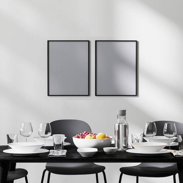 Posterframe mock up in moderne eetkamer interieur met zwarte tafel en stoelen en witte muur met zonnestralen, betonnen vloer, minimalistische stijl, Scandinavische, 3D-rendering