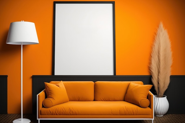 Posterframe mock-up op een oranje muur met een bank en een vloerlamp op de achtergrond