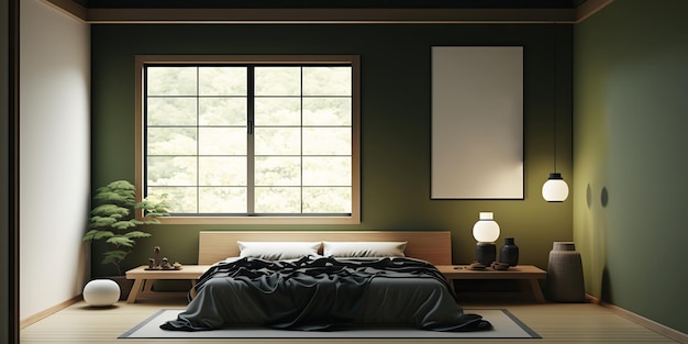 Posterframe mockup in hedendaagse traditionele Japanse slaapkamer in mintgroene tinten Generatieve AI