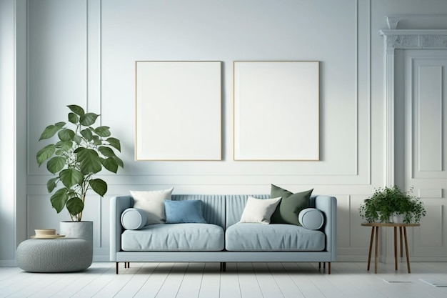 Posterframe mockup in klassieke blauwe woonkamer met sofa Generative AI