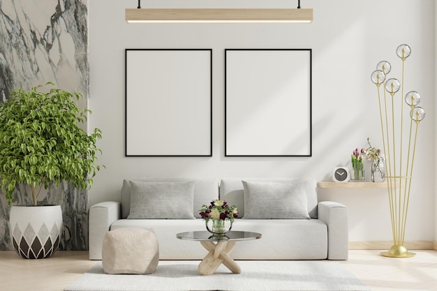 Posterframe mockup in scandinavische stijl woonkamer interieursofa minimaal ontwerp