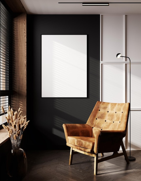 Posterframemodel in donkerzwarte woonkamer met een bruine leren fauteuil en gedroogd pampasgras 3d render