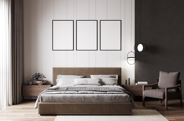 Posterframes bespotten in modern slaapkamerinterieur in beige tinten 3D-rendering