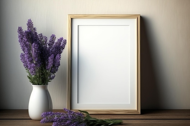 Postermodel met een leeg frame op een muur gemaakt van houten planken een vaas met een boeket lavendel