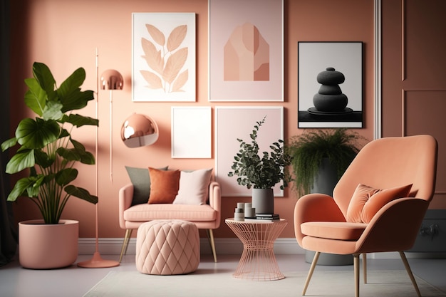 사진 포스터는 분홍빛이 도는 오렌지색과 연분홍색으로 깔끔한 인테리어로 꾸며져 있으며, 벽에는 의자 식물과 4개의 액자가 있습니다.