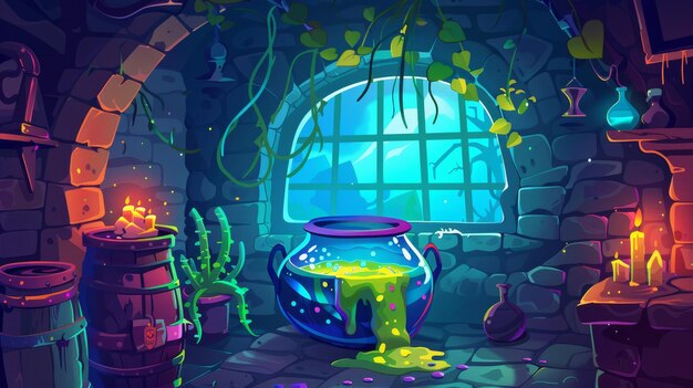 Photo posters with a witch party theme for halloween parties a cauldron filled with magic potion glows with a mandrake plant growing in an arched window and surrounded by a brick wall modern