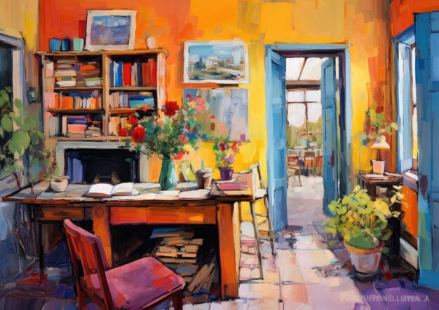 Photo a postimpressionist painting of a bookkeeper's office with vibrant brushstrokes and bold colors