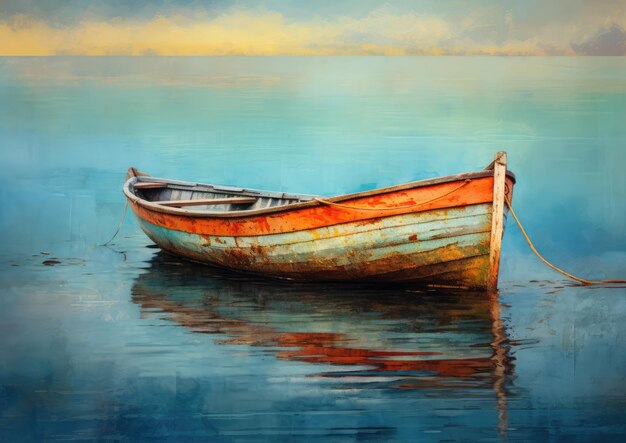 Photo a postimpressionistinspired photograph of a fisherman's boat on a calm lake with vibrant