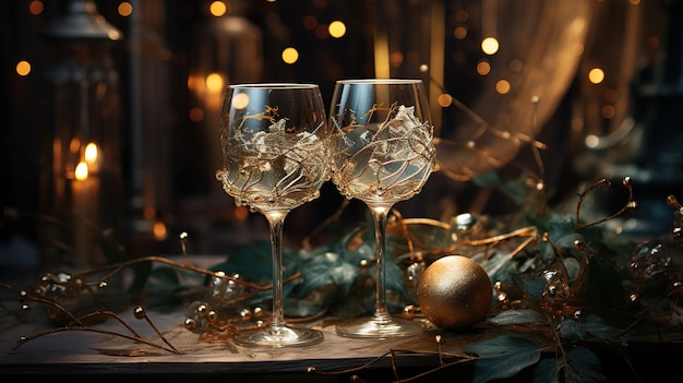 Postkaart Gelukkig Nieuwjaar 2024 Champagne glazen op een glanzende achtergrond