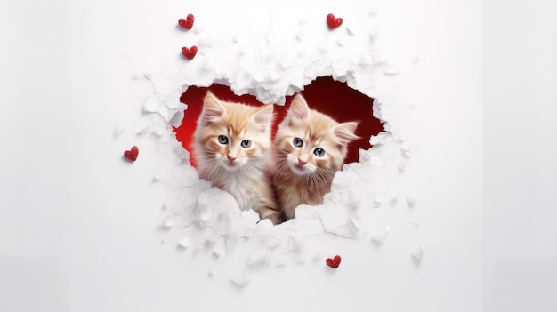 Foto postkaart poster beeld van twee kleine schattige kittens binnen hartvorm rood en wit concept van liefde