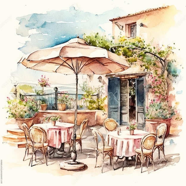 A postprocessed watercolor illustration depicts an empty outdoor restaurantcafe Generative AI