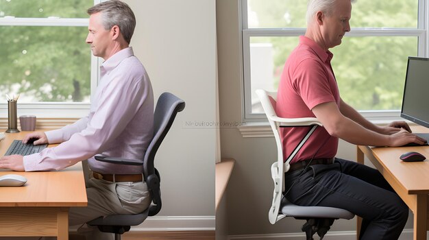 Foto esercizi di correzione della postura ergonomia del lavoro da scrivania