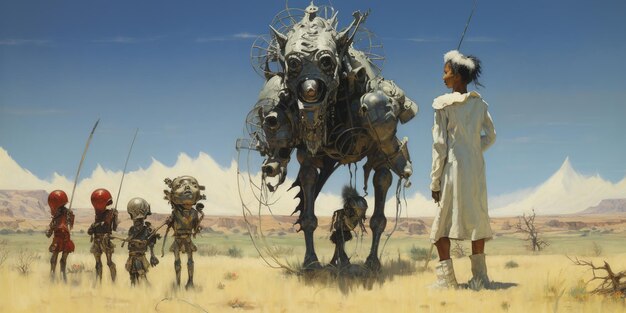 An postwar art of skeleton people in the desert generative ai
