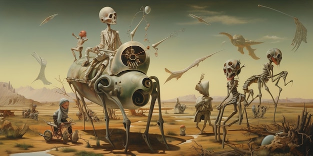 Послевоенное искусство скелетных людей, едущих в пустыне с грузовиком.