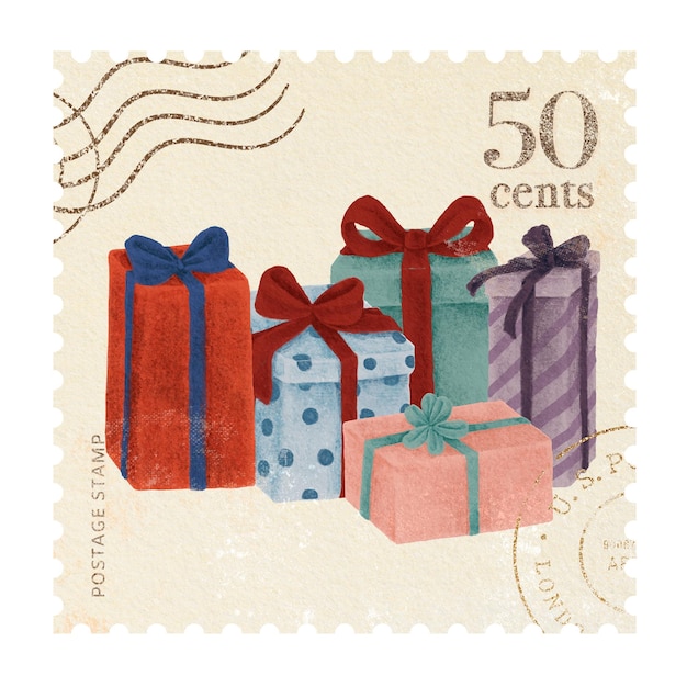 Postzegel png kerstcadeaus sticker doorzichtige achtergrond