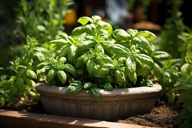 a pot of basil is sitting on a table in a garden.