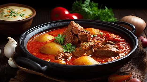 A pot of beef stew with potatoes and tomatoes