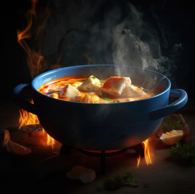 A pot of Brazilian fish soup Moqueca with large chunky ingredients bubbling on a hot flame stove