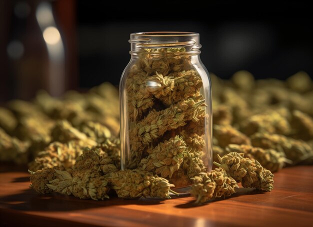 Pot of cannabis buds presented in a wood table