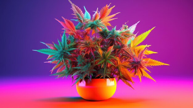 A pot of cannabis in a neon light