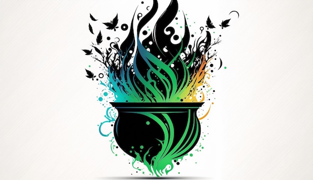 A pot of cauldron with colorful flowers and leaves on it