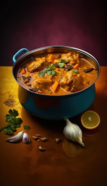 A pot of chicken stew with garlic and parsley on a table.