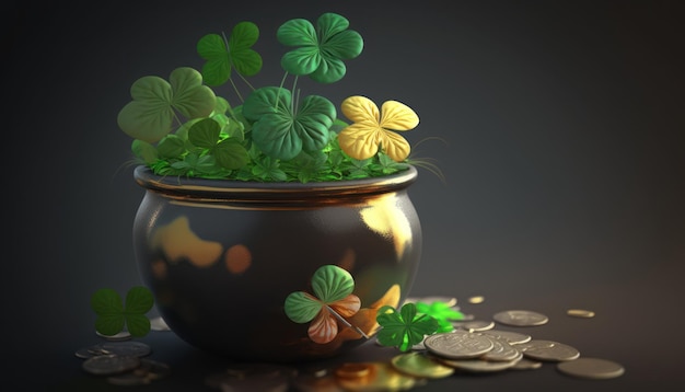 A pot of clovers is surrounded by coins and coins.