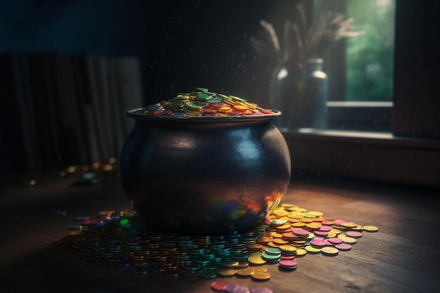 A pot of coins sits on a table with a lit window behind it.