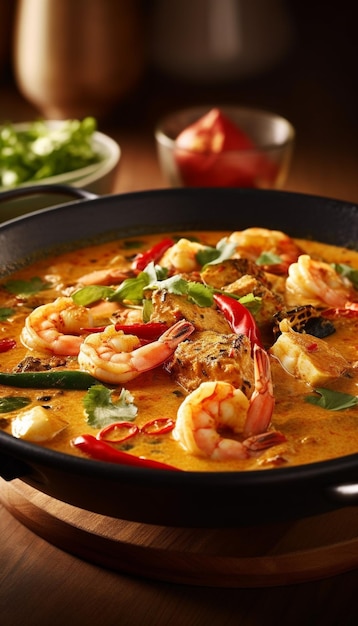 a pot of curry with shrimp and vegetables