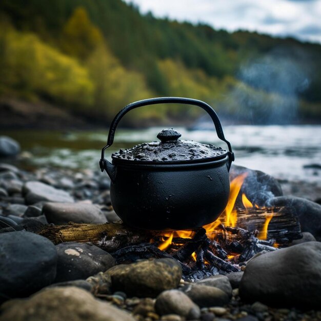 Photo a pot on a fire with a fire in the background