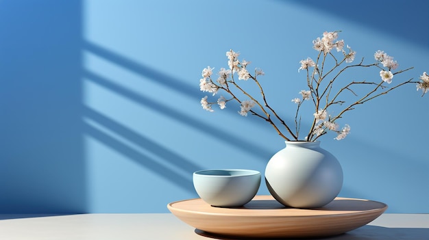 Pot of flowers on a blue background minimalistic decoration