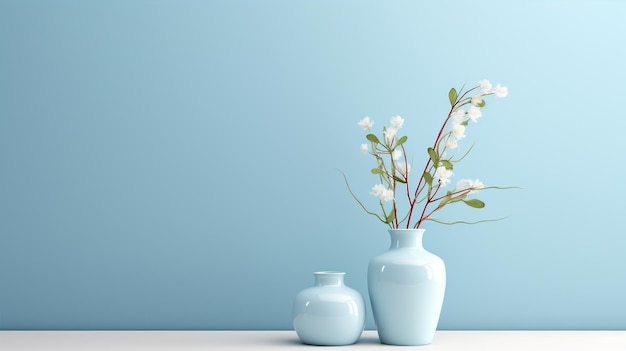 Photo pot of flowers on a blue background minimalistic decoration