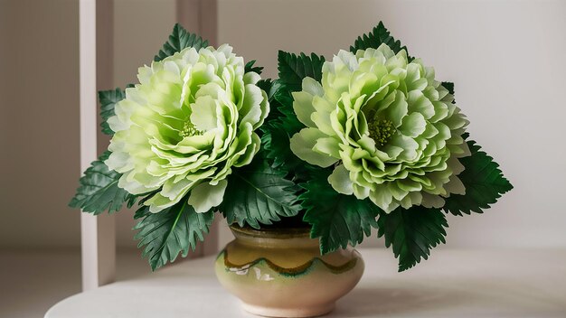 a pot of flowers with green leaves on a table