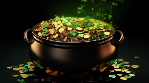 Pot full of gold coins and shamrock leaves generative ai