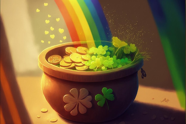 Pot full of gold coins shamrock leaves and rainbow St Patrick's Day idea Fantasy concept Illustration painting Generative AI